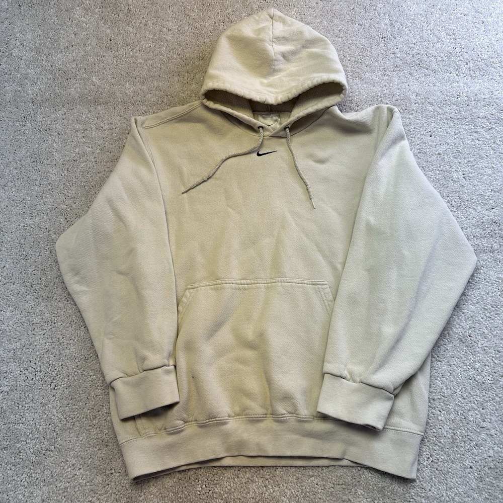 Vintage Y2K Nike Center Swoosh Beige Distressed Pullover Hoodie‎ Size Medium